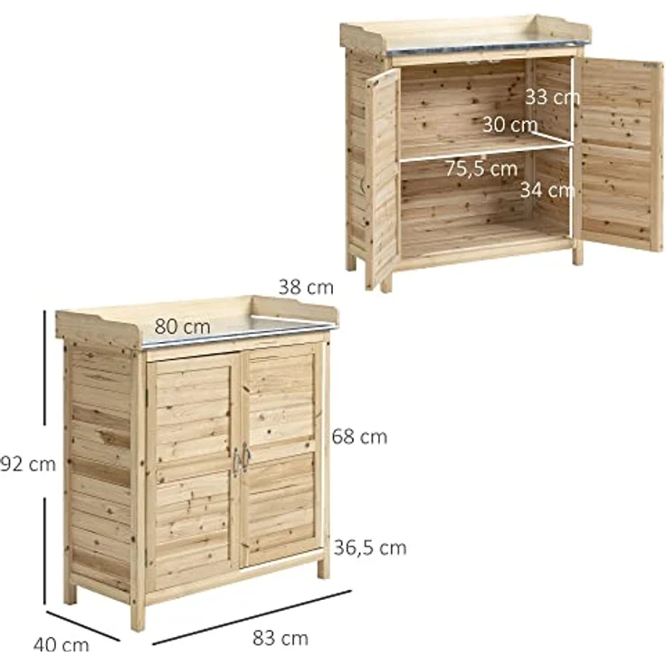 Outsunny Gartenschrank Pflanztisch mit Unterschrank Holz Geräteschrank Schrank mit 2 Einlegeböden Geräteschuppen Garten Schuppen Outdoor Natur 83 x 40 x 92 cm – Bild 3