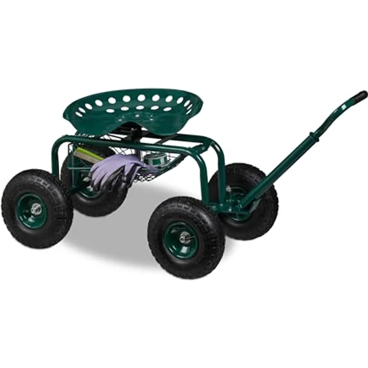 Relaxdays fahrbarer Gartensitz mit Stauraum, höhenverstellbar 40-49 cm, belastbar bis 150 kg, grün, mit Lufträdern für Gartenarbeit – Bild 1