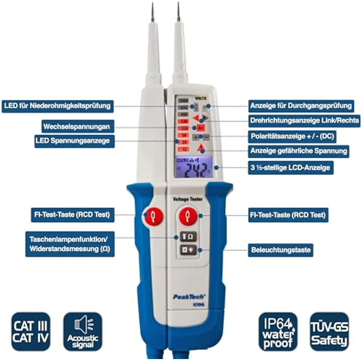 Peaktech P 1096, Multimeter Zweipoliger AC/DC-Spannungsprüfer mit digitaler LCD-Anzeige, CAT IV 600V, CAT III 1000V, integrierte LED-Taschenlampe und Durchgangsprüfung – Bild 3
