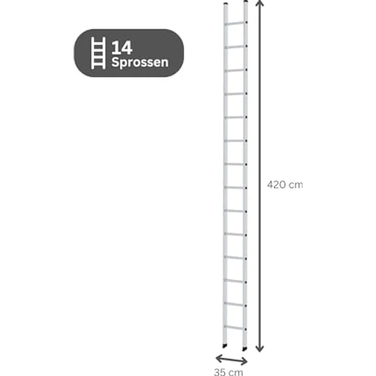 PROREGAL Sprossen-Anlegeleiter 350mm breit ohne Traverse | 14 Sprossen | Hohe Qualität, trittfest und rutschsicher | Leiter, Teleskopleiter, Trittleiter, Bockleiter – Bild 2