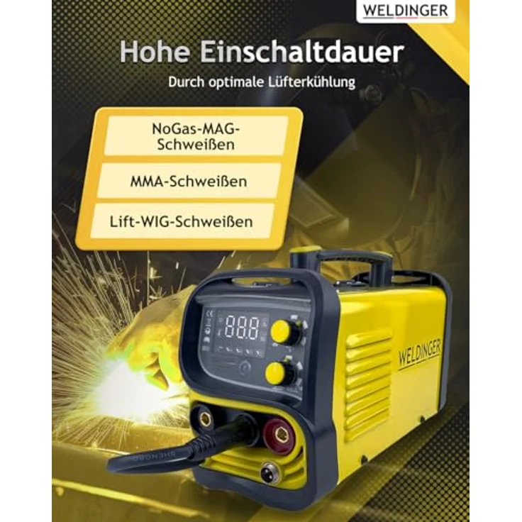 WELDINGER Fülldrahtschweißgerät ME 130 mini Flux IGBT Schweißgerät, 20,00 - 130,00 A, Einsteigerset, 10-tlg., 4 in 1 Kombigerät, geeignet für Edelstahl Fülldraht, schwarz – Bild 5
