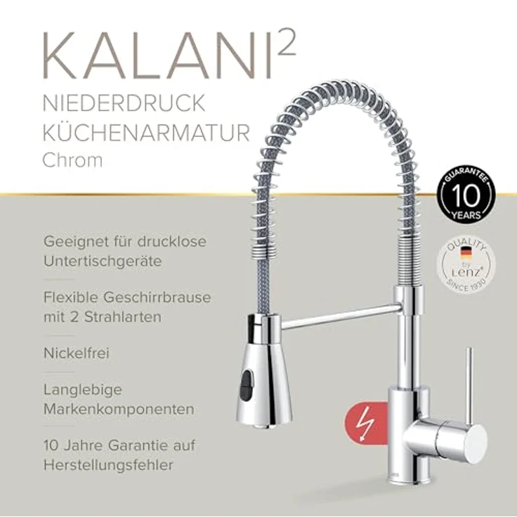 Lenz Küchenarmatur KALANI², Nickelfrei, Niederdruck mit flexibler Pendelbrause und 2 Strahlarten – Bild 4