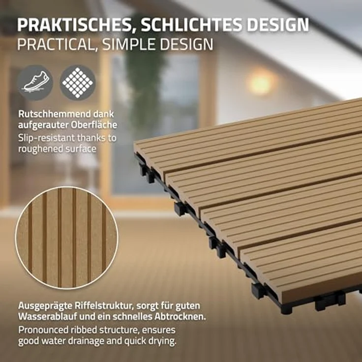 ECD Germany WPC Terrassenfliesen 60x30 cm 24er Spar Set für 4m² Teak in Holzoptik für Garten Balkon Bodenbelag mit Drainage und Klicksystem Terrassendielen Balkonfliesen Klickfliesen Holzfliesen – Bild 5