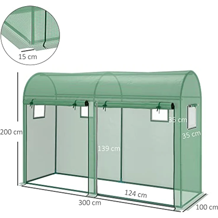 Outsunny Foliengewächshaus Tomatengewächshaus Treibhaus Folientunnel Frühbeet 4 Fenster und 2 Türen Grün Stahl PE-Kunststoff 300 x 100 x 200 cm – Bild 3