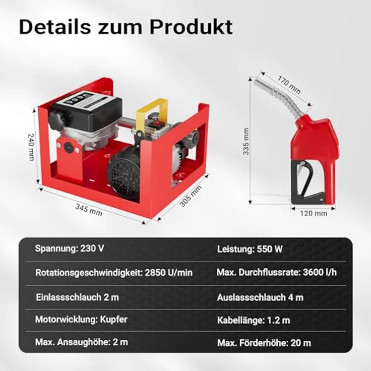 WilTec - Bio Dieselpumpe Heizölpumpe selbstansaugend 230V-550W 60l-min automatische Pistole Umfüllpumpe – Bild 4
