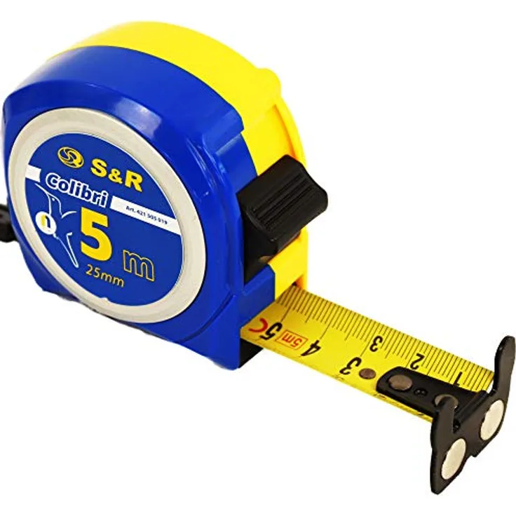 S&R Bandmaß 5m x 25 mm mit Magnet-Haken, Nylon-Polymer Maßband BEIDSEITIG bedruckt, COLIBRI - Serie, schlagfestes Gehäuse, Massband Zollstock Metermaß Rollband, blau