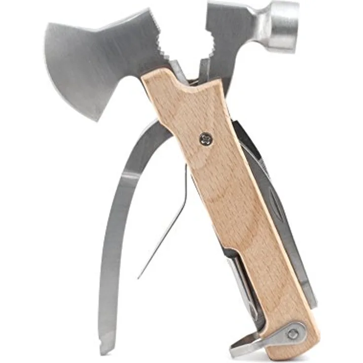 Kikkerland Multi tool 10 in 1, Multifunktionswerkzeug mit Axt, Hammer, Drahtschneider und Holzgriff