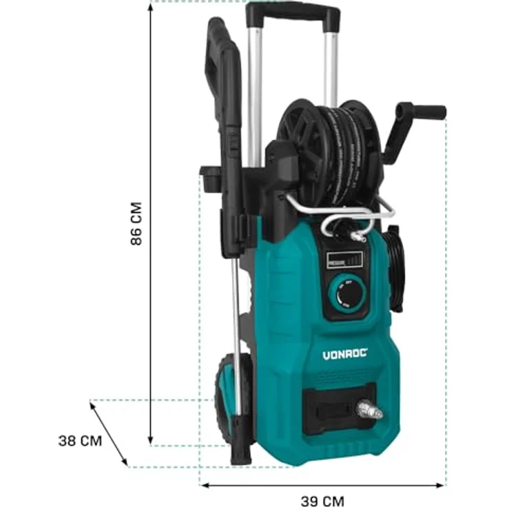 VONROC Hochdruckreiniger V24 PW512AC, 2400W, max. 180 bar, 420 l/h, 11-tlg. Set mit Druckregler, Schlauchtrommel und Aluminium-Pumpe – Bild 5