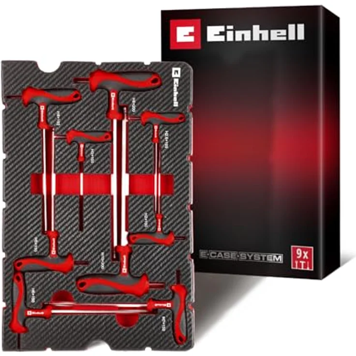 Einhell Pad T-Griff-Schraubendreher 9-tlg., für Maschinen- & Fahrzeugmontage, T-Griff, Kugelkopf, 90°-Klinge, Innensechskant aus Chrom-Vanadium-Stahl, E-Case-System – Bild 1