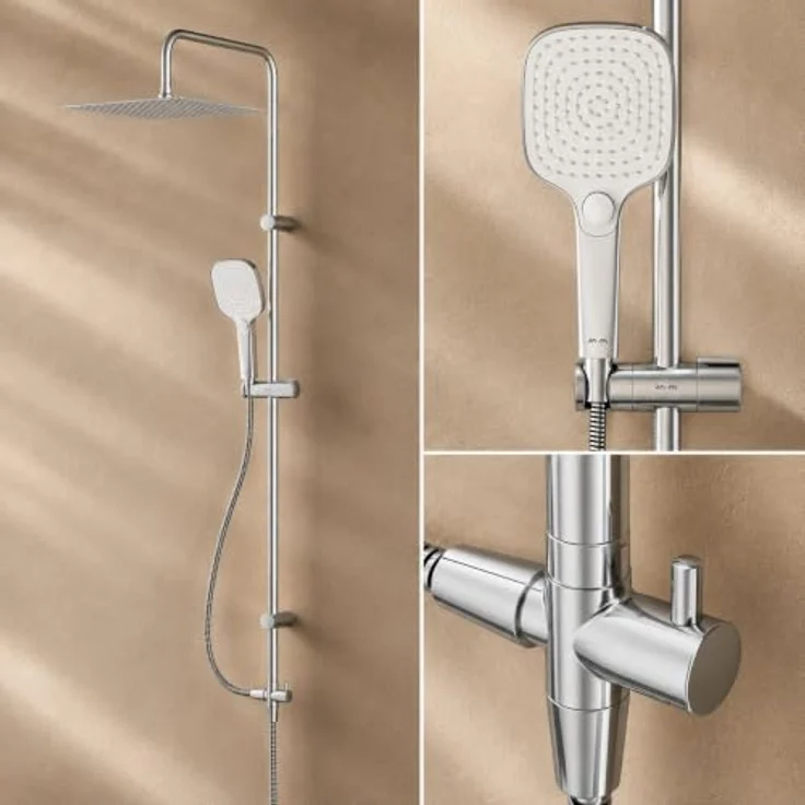 AM.PM Duschsystem PLAY, Regendusche mit teleskopischer Duschstange, 3 Strahlarten, Edelstahl Kopfbrause, Chrom – Bild 1