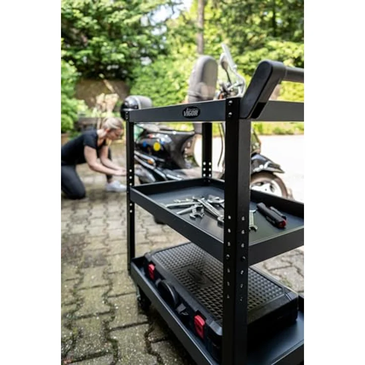 Vigor Servicewagen, stabiler Werkstattwagen aus Stahlblech, 3 Höhenverstellbare Böden, Tragkraft 120 kg, unbestückt – Bild 4