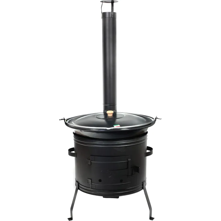 Grillplanet Holzkohlegrill Grillplanet Gulaschkanone 39 cm inkl. 22l Gulaschkessel und Deckel, Set - Outdoor Kochgerät für Gulasch und Eintöpfe, emaillierter Kessel, stabiles 1,2 mm Blech, abschraubbare Beine