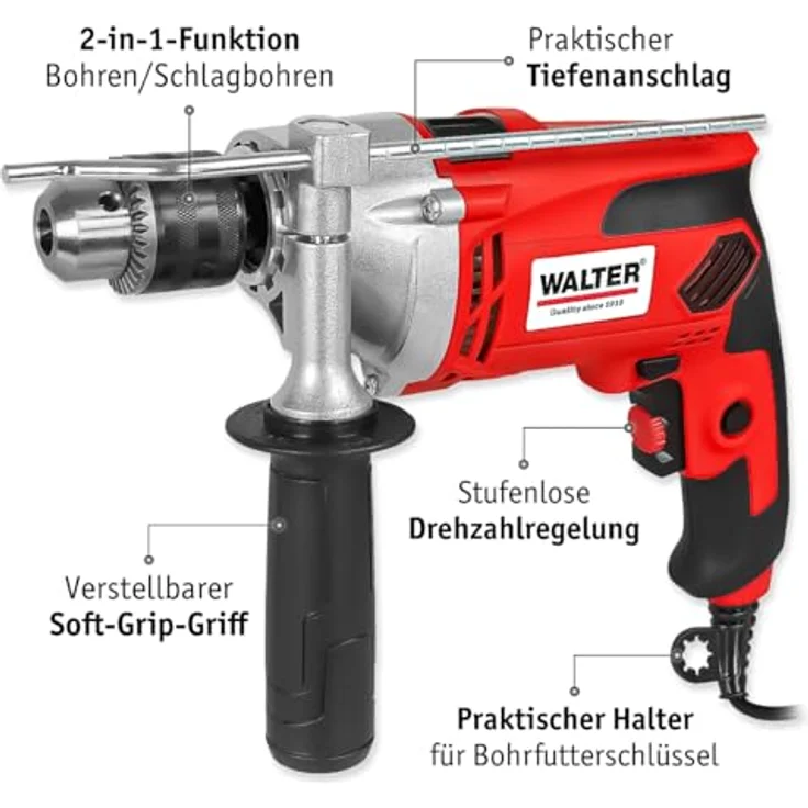 WALTER Schlagbohrmaschine 910W, Rechts-Links Lauf, Umschalten zw. Normal- und Schlagbohren, Sperre für Dauerlauf – Bild 4