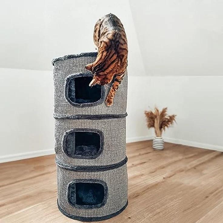 CanadianCat Company | Kratztonne Tony Höhe 90 cm, Spieltonne für Katzen ø 45 cm, Katzenkratzbaum mit 3 Höhlen, Katzenbaum, Kratzturm aus Sisal, Katzenmöbel, Plüsch, dunkelgrau – Bild 3