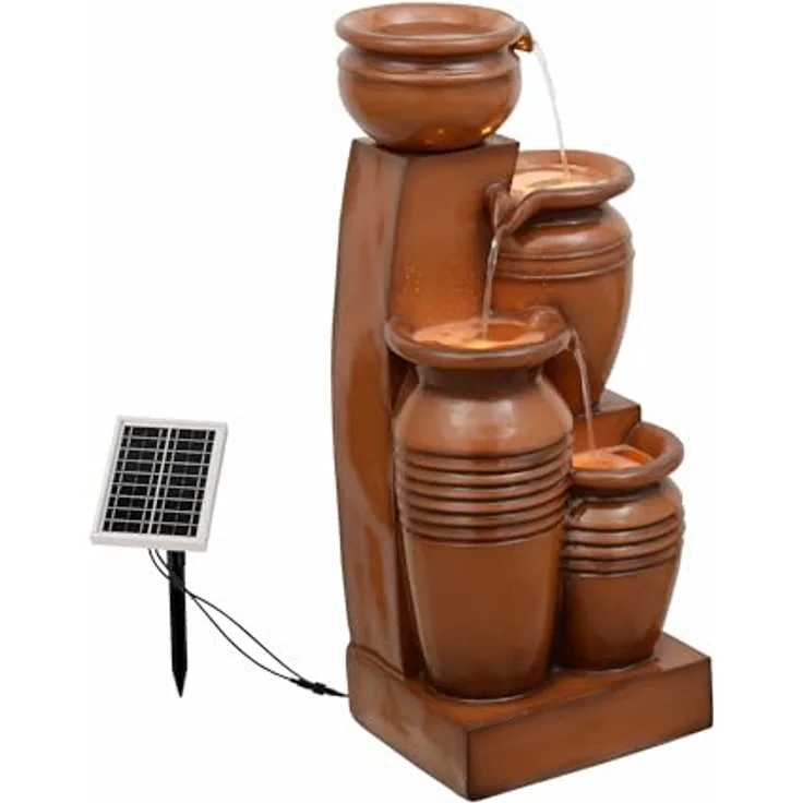 Teamson Home Solar Kaskadenbrunnen 4 Stufen Terrakotta, mit solarbetriebenen LED-Lichtern