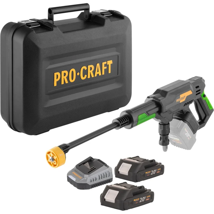 Procraft CW20bb Akku Hochdruckreiniger, 20 V, 30 bar, 180 l/h, bürstenlos, mit 2x Akku 2,0 Ah, Ladegerät und Koffer