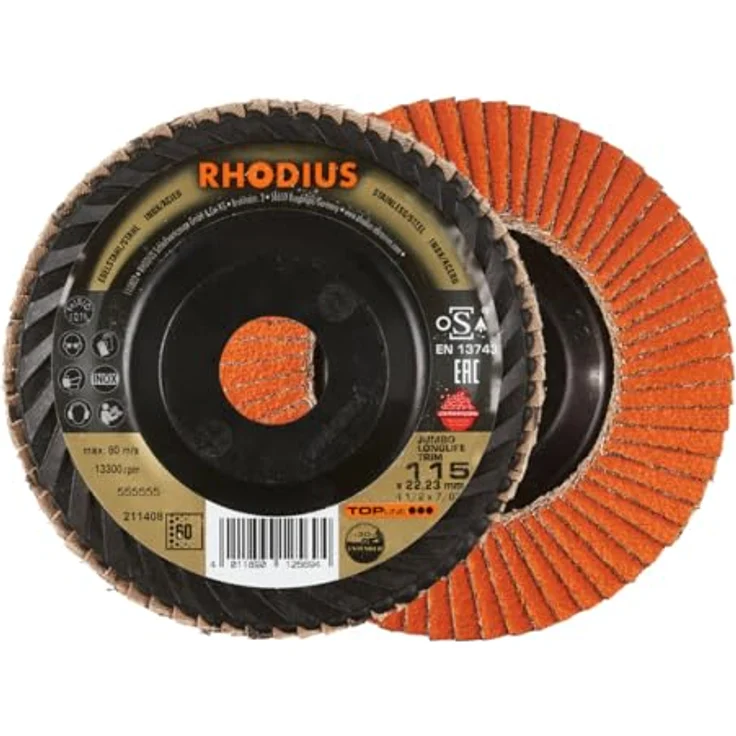 RHODIUS TOPline JUMBO LONGLIFE TRIM Fächerschleifscheibe, 115 x 22,23 mm, Körnung K40, 10 Stück – Bild 1
