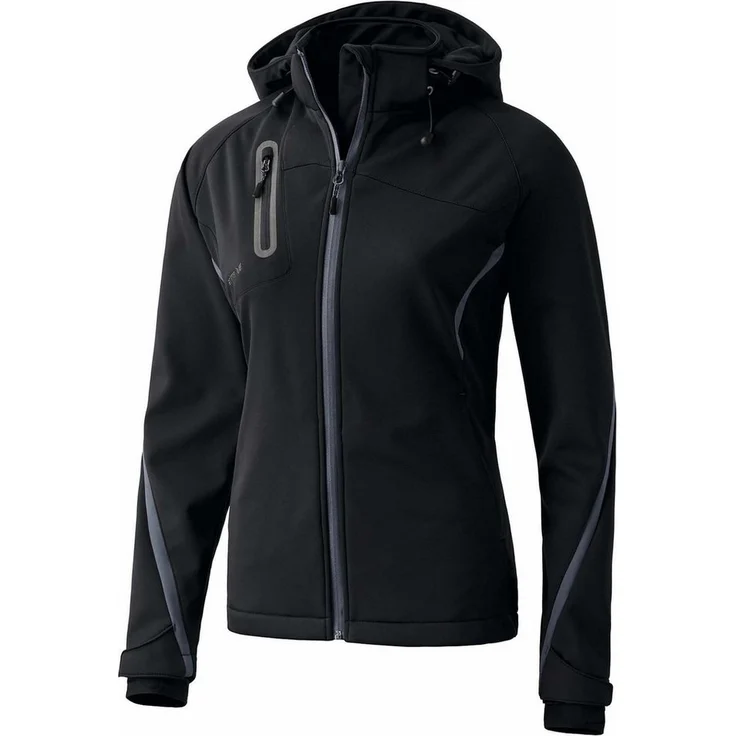Erima Damen Softshelljacke Function, Atmungsaktiver Schutz, abnehmbare Kapuze, reflektierende Brusttasche, schwarz – Bild 1