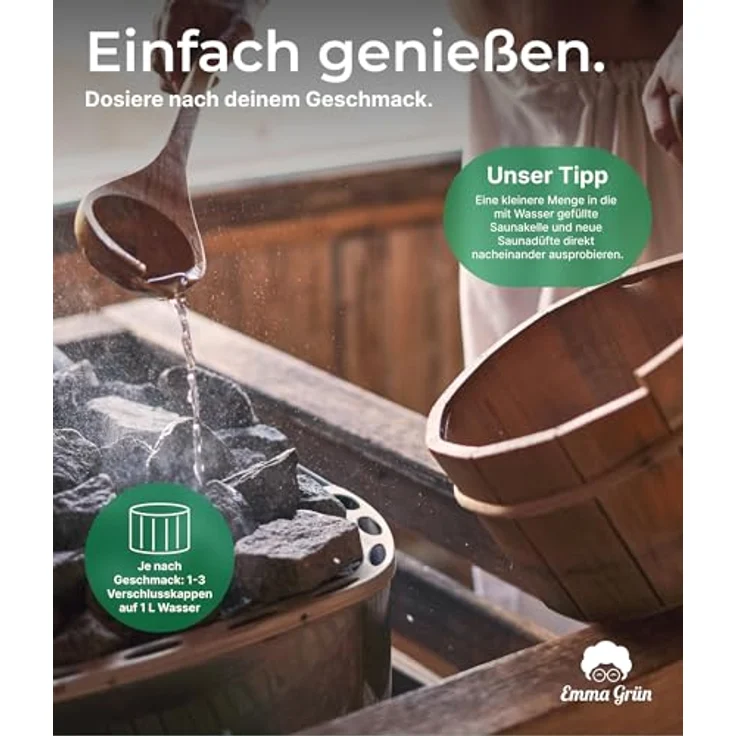 Emma Grün® Bio Saunaaufguss Set 3x 100ml - Ätherische Öle mit Bio Zitrusölen, Eukalyptus & Zirbenöl, Hochdosiert für 10-20 Saunagänge – Bild 3