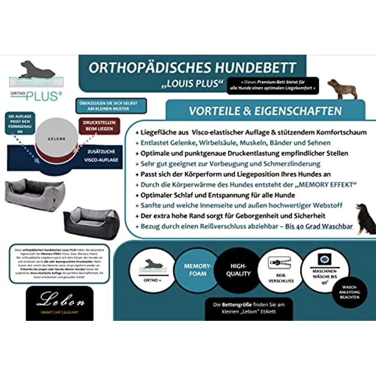 Lebon - Louis Plus - Orthopädisch - Hochwertig und Made in EU - Kuschelweich - Hoher Rand - Waschbar - Bester Liegekomfort (XL, Silver) – Bild 2