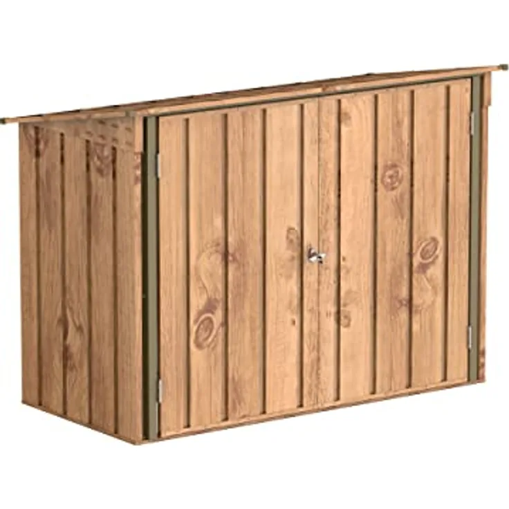 Duramax Fahrradschuppen für 2, Fahrradgarage mit komplett breiten, abschließbaren Doppeltüren, Lagerschuppen aus Metall, Gartenschuppen für Fahrräder, Fahrradaufbewahrung, fahrradbox, Holzmaserung