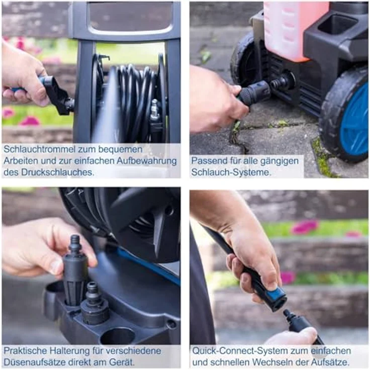 Scheppach HCE2800 Hochdruckreiniger, 180 bar, 480 l/h, 5 m Schlauch, inkl. Fahrvorrichtung, Schlauchtrommel & 10-tlg. Zubehör – Bild 6