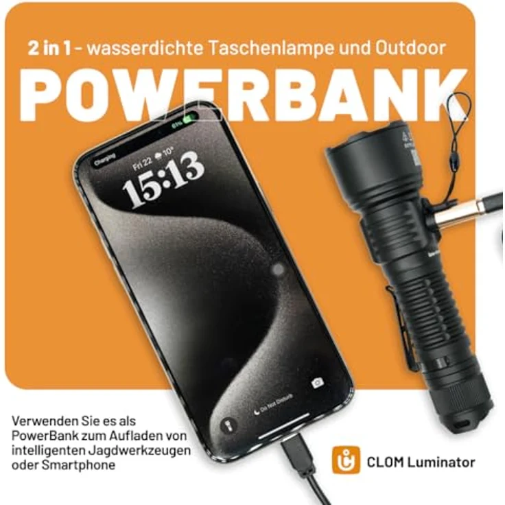 icuserver ICU CLOM LUMINATOR – LED Taschenlampe mit Powerbank-Funktion, wasserdicht, 1600 Lumen, inkl. CellPower Schwarz 18650 Akku – Bild 2