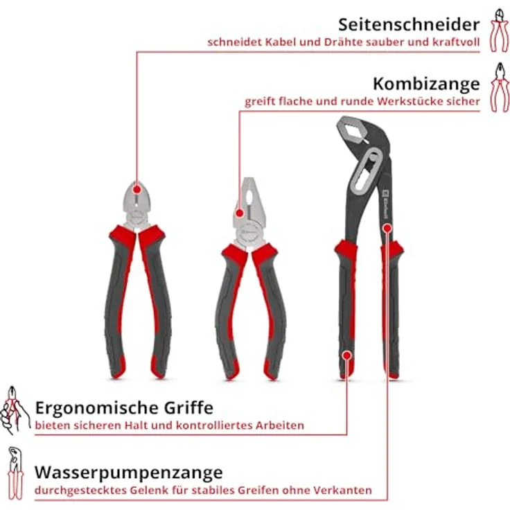 Einhell Zangen-Set 3-tlg., Seitenschneider 180 mm, Kombizange 180 mm, Wasserpumpenzange 250 mm, CV-Stahl, ergonomische Griffe, gehärtete Schneiden mit Korrosionsschutz – Bild 2