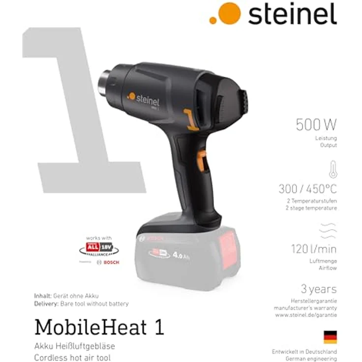 Steinel Akku Heißluftpistole MH 1 für Bosch PFA 18V System, kabelloser Heißluftfön mit 2 Temperaturstufen 300°C/450°C - Schwarz – Bild 4