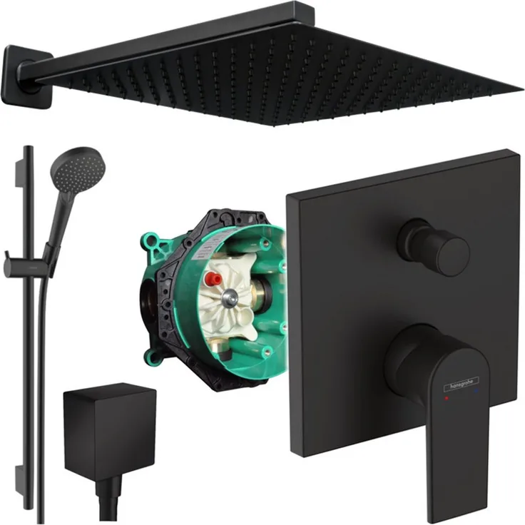 Hansgrohe Vernis Shape Duscharmatur, UP-Duschsystem mit Kopfbrause, Mattschwarz, inklusive Handbrause und Brausestange