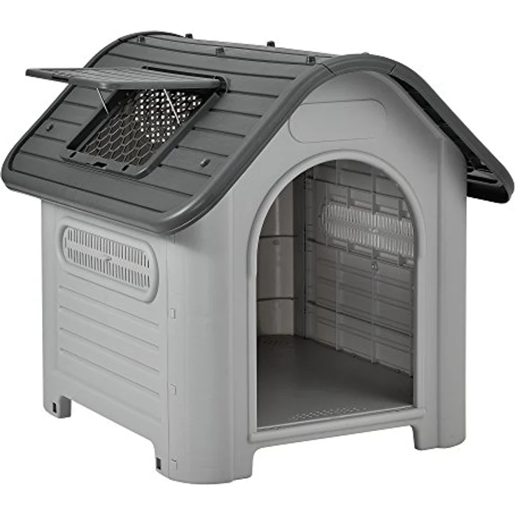 [en.casa] Hundehütte mit Dachluke 87x72x75,5cm PVC Grau Schwarz Unterschlupf Hundehaus Kunststoff – Bild 1