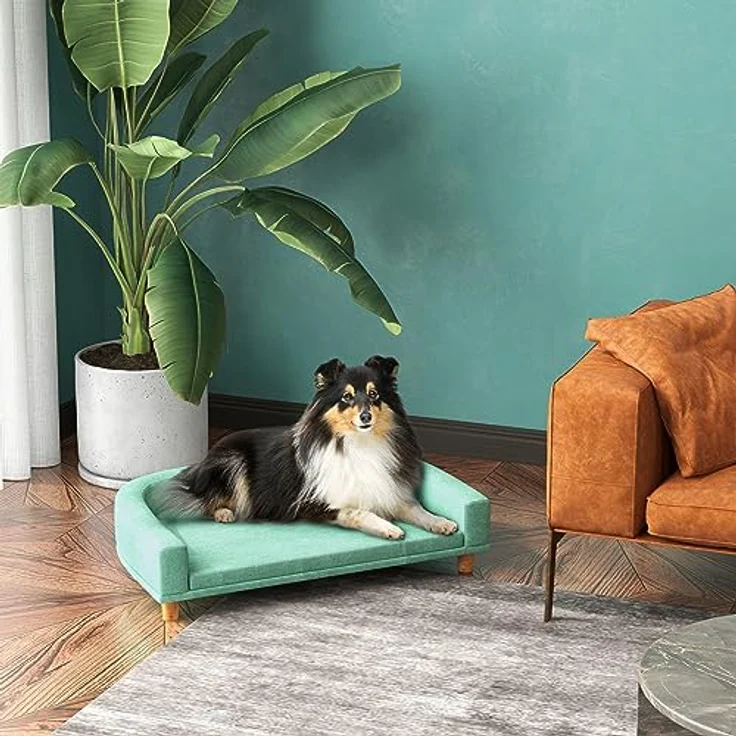PawHut Hundesofa, Haustiersofa Katzensofa mit Kissen, Hundebett für große Hunde, Hundecouch mit Erhöhtem Design, Hundesessel mit Holzbeine, Grün, 98 x 67 x 25 cm – Bild 2