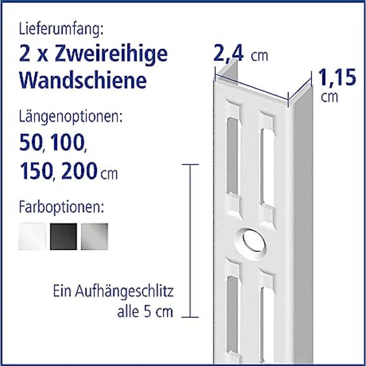 Element System Wandschiene 2-reihig, 2 Stück, 4 Abmessungen, 3 farben, lange 100 cm für Regalsystem, Regalträger, Wandregal, weiß 10001-00010 – Bild 3