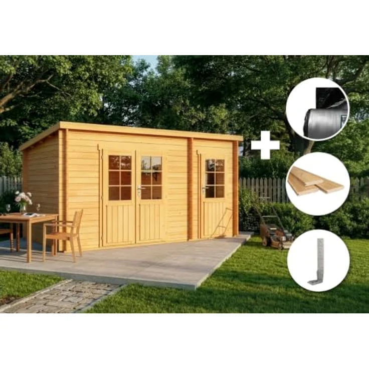 Alpholz Gartenhaus Holz Set Maria, Pultdach mit Anbau, BxT: 450x272 cm, imprägniert (Pinie), inkl. Fußboden & Dacheindeckung – Bild 2