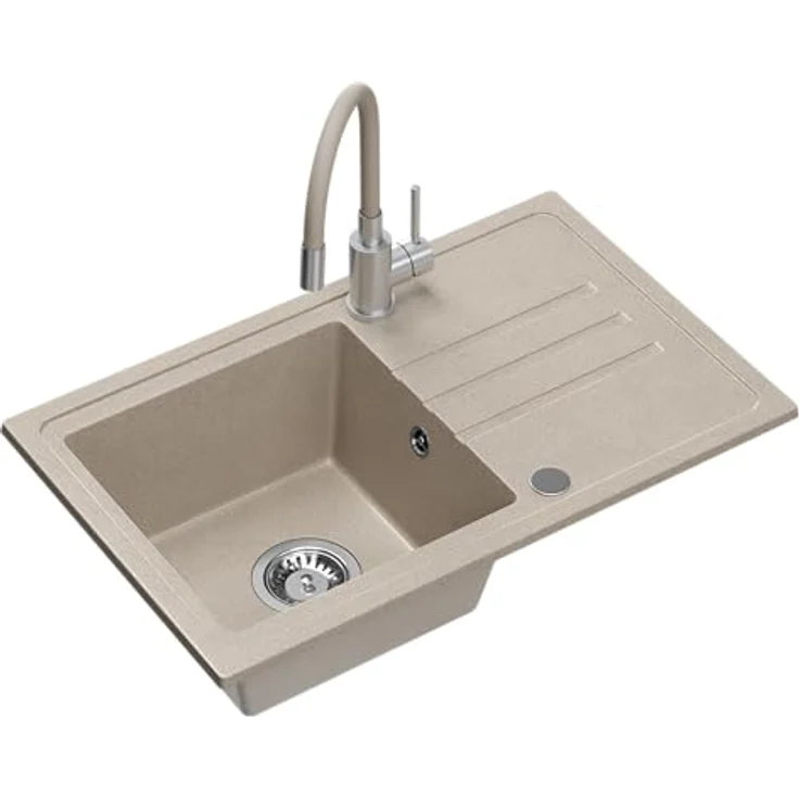 VBChome Spülbecken Granit Beige mit Armatur 70 x 44 cm Einzelbecken Einbauspüle Gesprenkelt Reversibel Granitspüle Siphon Waschbecken Beige Armatur mit Flexiblem Auslauf – Bild 2