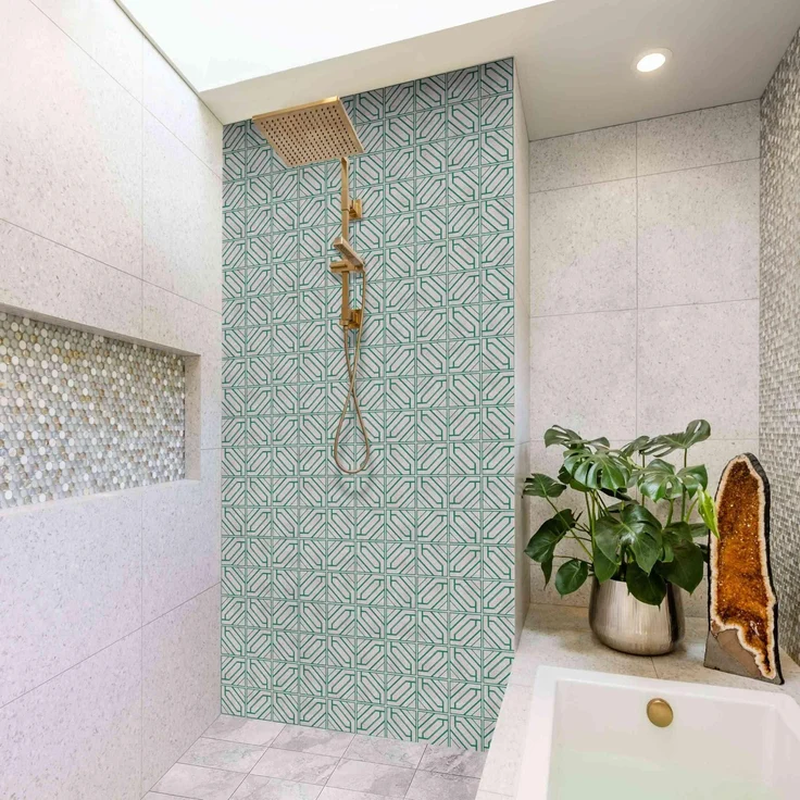 Apalis Home Duschrückwand mit Motiv selbstklebend, 0.35 mm wasserfestes Wandpaneel in türkis Fliesenoptik, fugenlos, matt, 90x210 cm