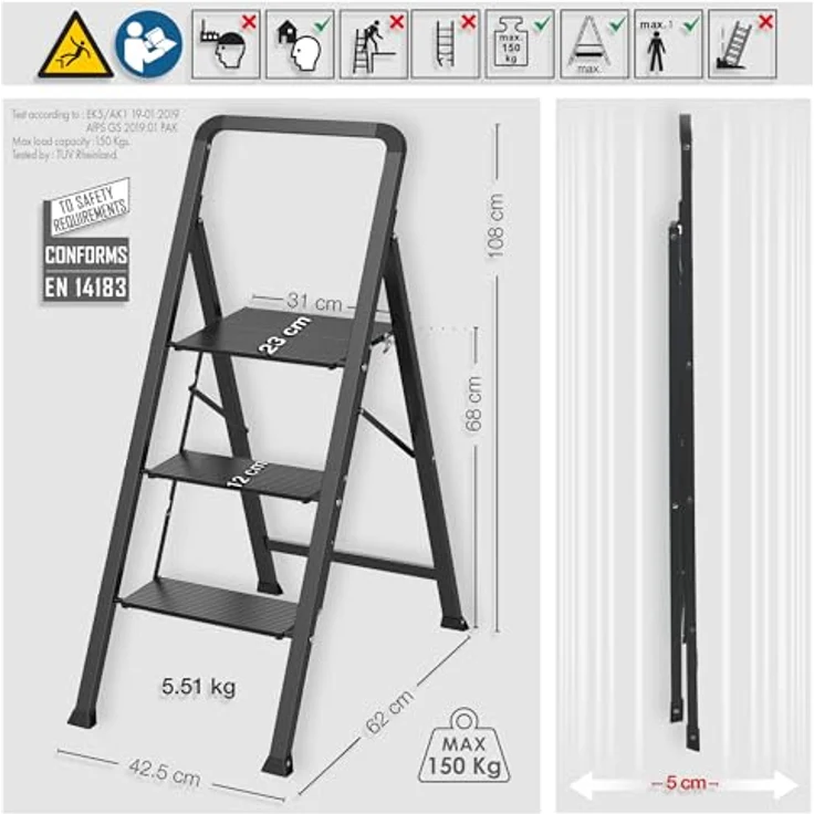 MSV Trittleiter 3 Stufen, faltbar, rutschfest, Stahl, max. 150 kg, mattschwarz (62 x 42,5 x 108 cm) – Bild 3