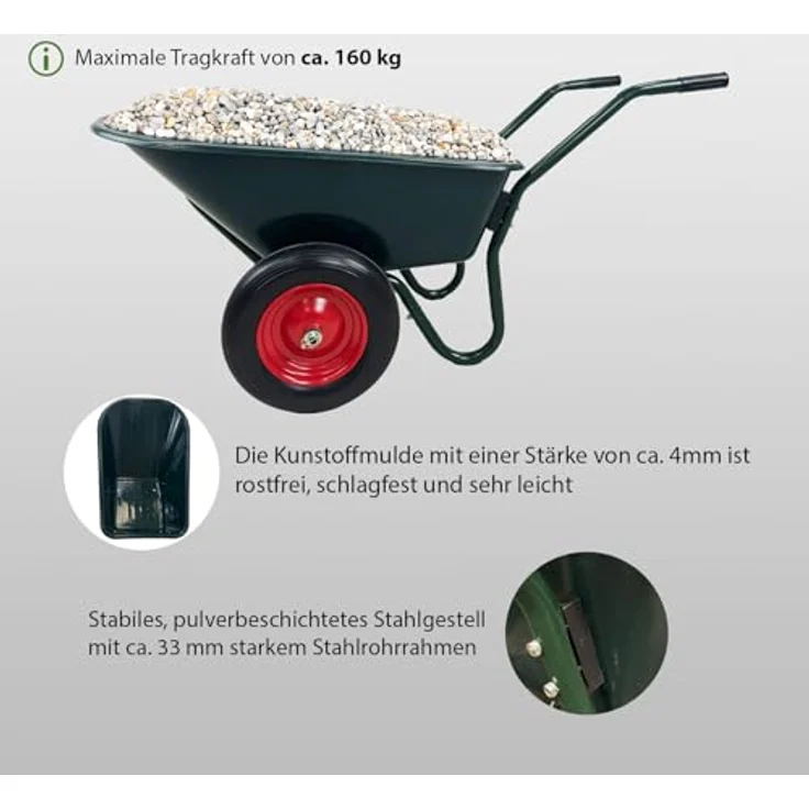 TRUTZHOLM Schubkarre 2 Rad Schubkarre Zweirad Karre Schiebkarre Gartenkarre 100l 160kg mit PU-Räder auf Stahlfelge – Bild 5