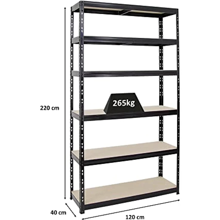 PROREGAL Schwerlastregal Giant Tiger XL, 220x120x40 cm, 6 Ebenen, Fachlast 265 kg, Gesamtlast 1590 kg, Schwarz, für Keller, Garage und Lager – Bild 2