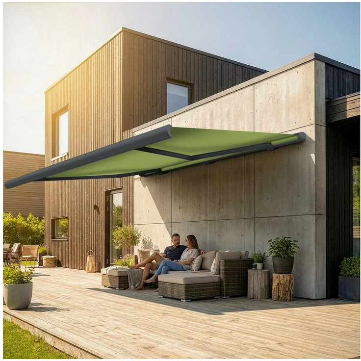 Eclipse Kassettenmarkise, elektrische Vollkassettenmarkise Basaltgrau mit Smarthome-fähigem Dooya Motor und UV-Schutzfaktor 50+