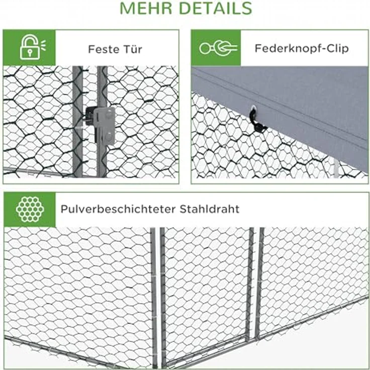 PawHut Hühnerstall 400 x 346 x 263 cm, Freilaufgehege aus verzinktem Stahl für 10-15 Hühner, grau – Bild 6