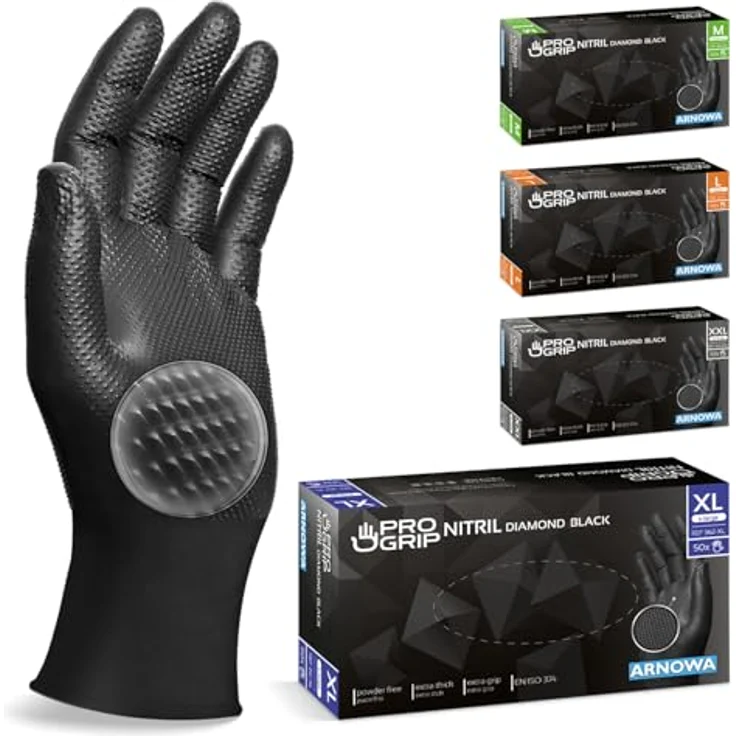 ARNOMED PROGRIP Einweghandschuhe Diamant Grip, Schwarz, Extra starke Nitrilhandschuhe, Gr. XL, 500 Stück (10x50 Stk), rutschfest, chemikalienbeständig, für Werkstatt & Montage – Bild 1
