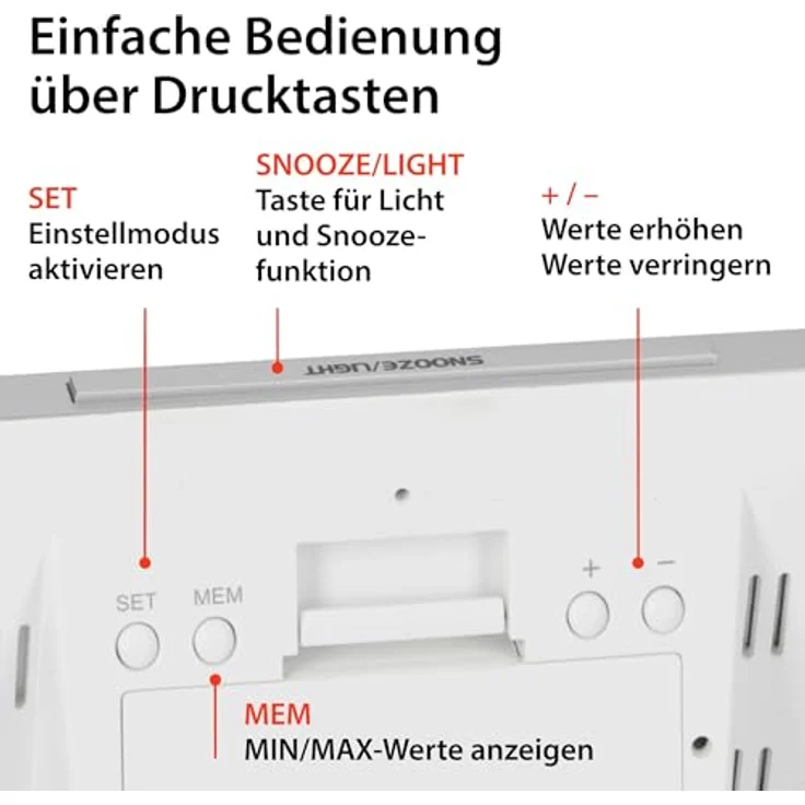 ADE WS2136 Digitale Wetterstation Funk mit Außensensor | Innen und Außentemperatur | Luftfeuchtigkeitsmesser | animierte Wettervorhersage | Funkwecker mit Schlummerfunktion | weiß – Bild 5