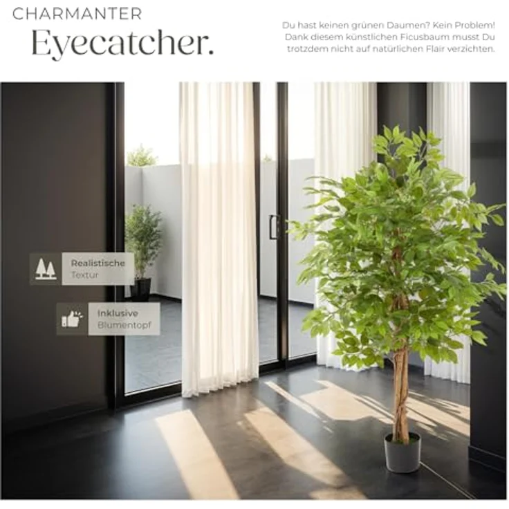 tectake® Ficus künstliche Zimmerpflanzen, Kunstblumen wie echt, Deko für Wohnzimmer, Küche, Badezimmer, Schlafzimmer - 160 cm, naturgetreues Blattwerk, pflegeleichte Fake Plant – Bild 5