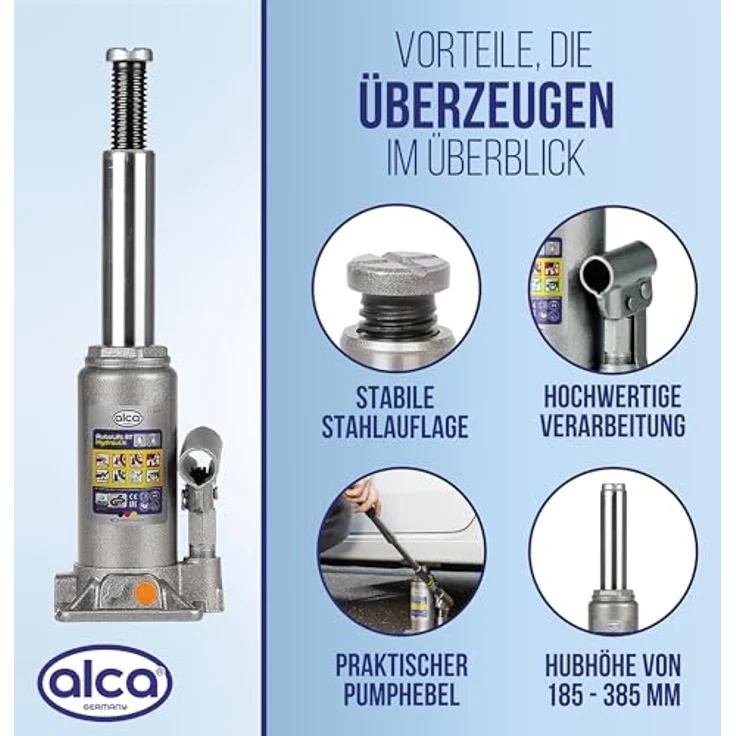 alca® Hydraulischer Wagenheber 8t, Stempelheber & Unterstellheber aus Stahl, Hubhöhe 185-355 mm, silber, für Auto, Motorrad & Werkstatt – Bild 5