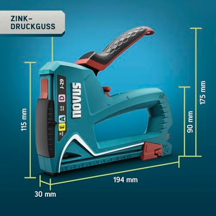 NOVUS Nagler Novus Tools J-29 030-0460 Handtacker Klammerntyp Typ 53F, Typ 53, Typ - Profi-Tacker mit Metall-Gehäuse, Feindraht- und Flachdrahtklammern, 16 mm Nägel, inkl. 1800 Feindrahtklammern A, Ergonomischer Softgrip-Hebel, Blau – Bild 8