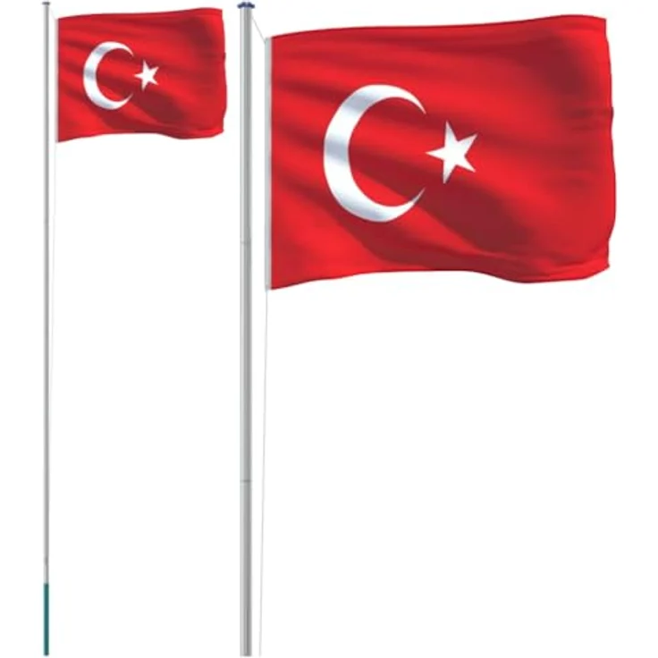 vidaXL Flagge der Türkei mit Mast, Türkische Fahne mit wetterfestem Fahnenmast, Nationalflagge für Garten, Länderflagge Länderfahne, 6,23 m Aluminium – Bild 1