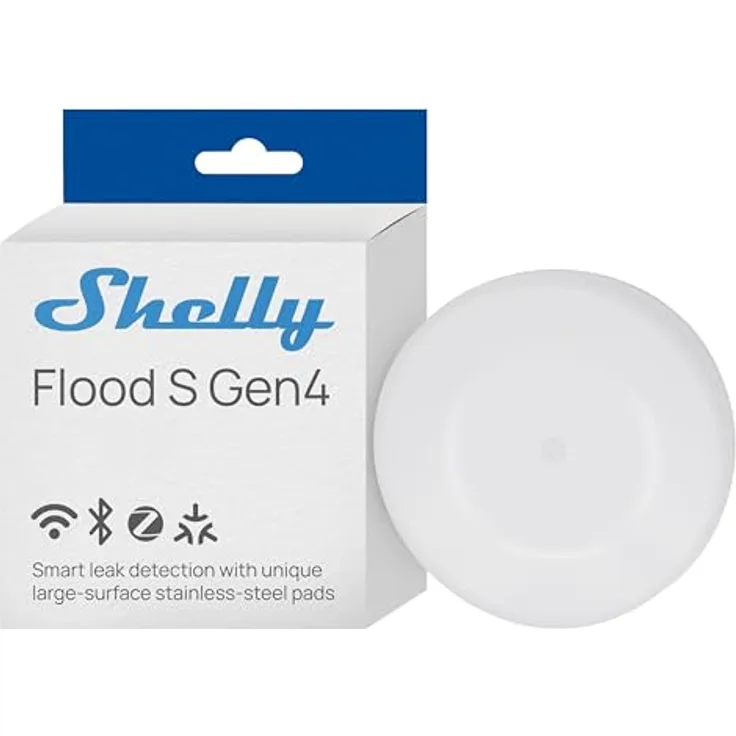 Shelly Flood S Gen4, Smarter WLAN Wassermelder mit Matter, Zigbee, IP67, Edelstahl-Sensorpads, 2 Jahre Batterielaufzeit, Hochwasser- und Regen-Erkennung, kein Hub