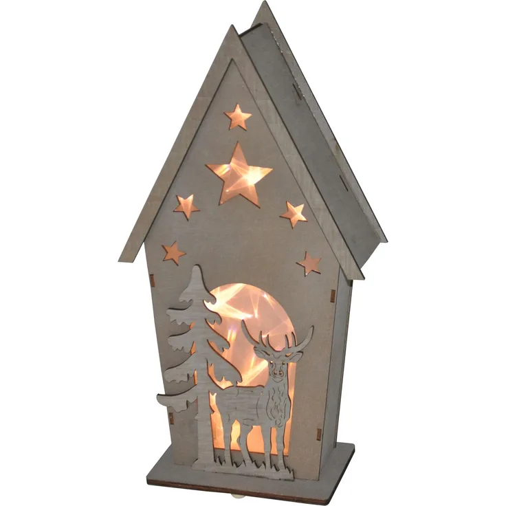LED Deko-Holz-Häuschen mit Hirsch und Tanne Weihnachtsdeko Fensterdeko Tischdeko
