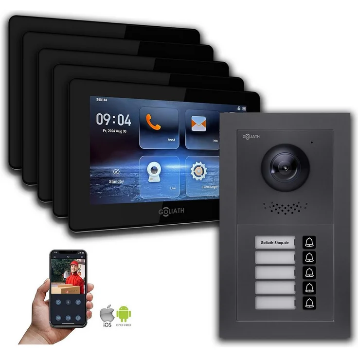 Goliath Intercom GL-HB500A, 2-Draht BUS Video-Türsprechanlage für 5 Familienhäuser, Anthrazit, mit Smartphone App und HD-Kamera